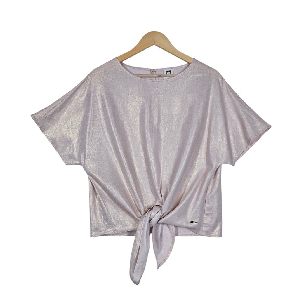 Anne Klein Blush Gold Top S Linen Blend Tie Front Soft Luxe Glam